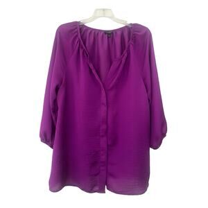 Talbots 22WP Purple Satin Hidden-Button Front 3/4 Sleeve Blouse Top Boxy Low Cut